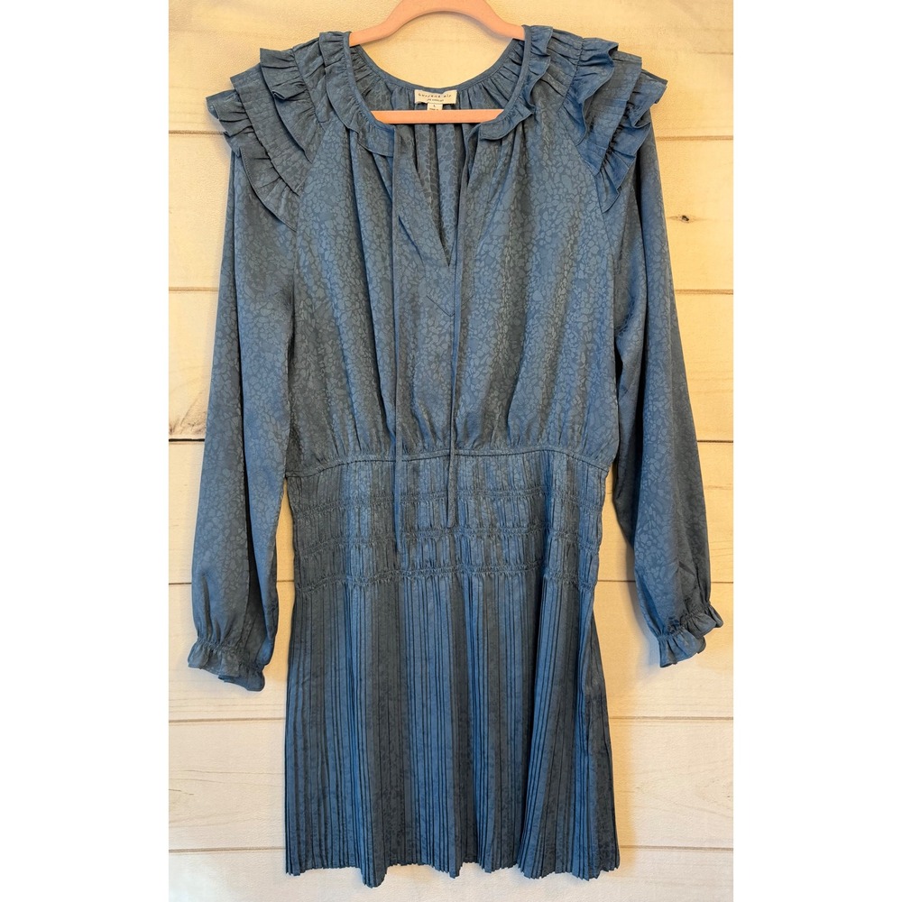 Current Air Los Angeles Blue Leopard Jacquard Smocked Pleated Mini Dress L